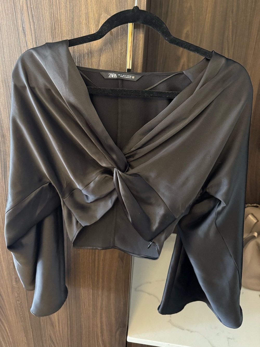 Zara Black Satin Twist-Front Crop Top